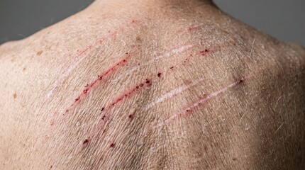 Fototapeta premium Excoriation Lichenified Scratch Marks and Exudate on Dry Aging Back Skin