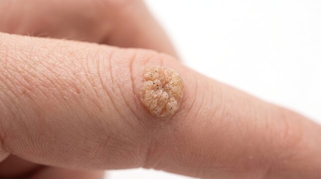 Common Verruca Vulgaris Wart with Black Dots on Human Finger Close Up