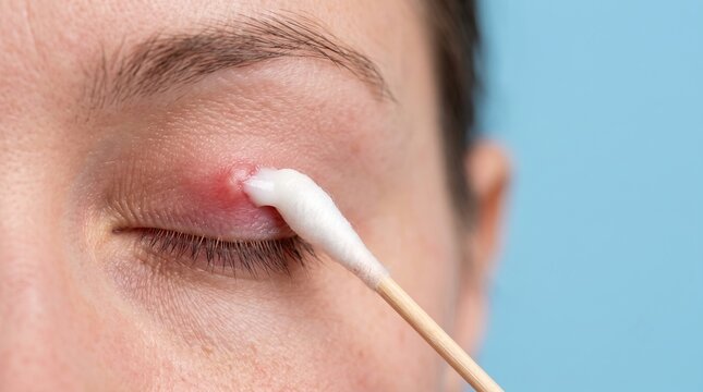 Applying Ointment with Cotton Swab to Eyelid Stye Hordeolum Inflammation