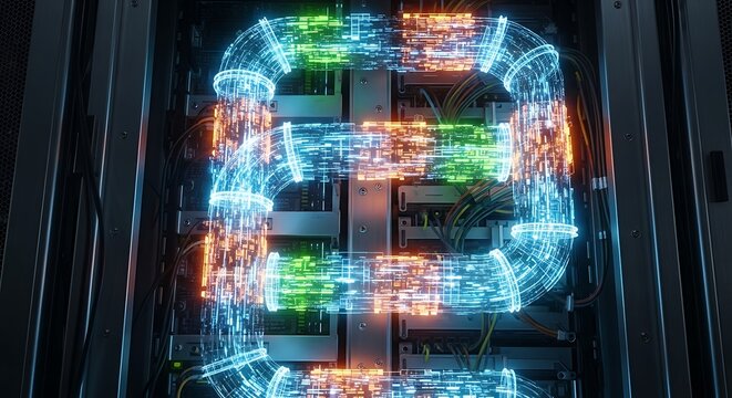 Glowing digital data pipes forming a large letter e shape inside a high performance server room with bright neon lights