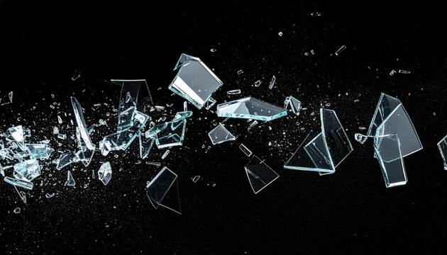 Shattered glass pieces exploding and flying against a dark black background