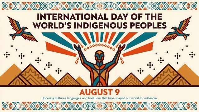 Indigenous person celebrating with colorful flag and pyramids