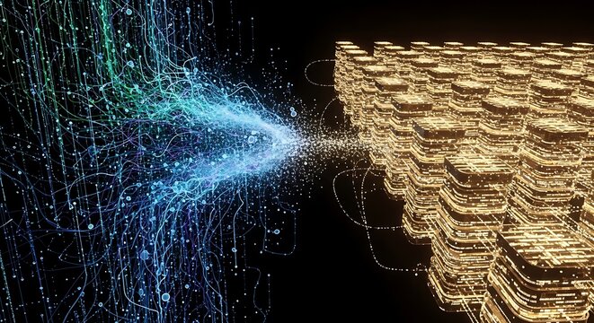 Glowing blue data streams flow into golden server towers in this abstract digital visualization of high speed information processing networks