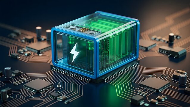 Advanced solid state battery module with glowing green energy cells mounted on a circuit board representing futuristic power storage technology