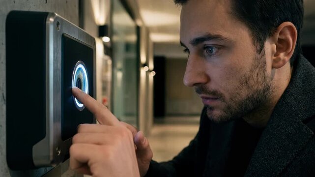 Medium shot capturing a users eye aligning with an iris scanner embedded in a secure access panel with the corridor and walls artistically blurred.