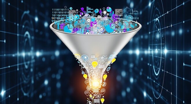 Silver metallic funnel processing complex digital data and various glowing icons into a refined stream of valuable business information insights