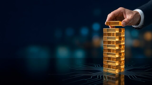 Business strategy and digital transformation concept with an executive hand building a glowing golden block tower on a technological circuit surface