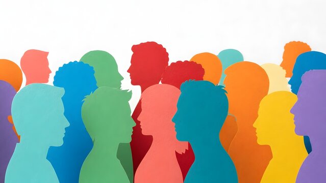Diverse crowd of colorful paper cutouts depicting human profile silhouettes symbolizing community diversity and social equality