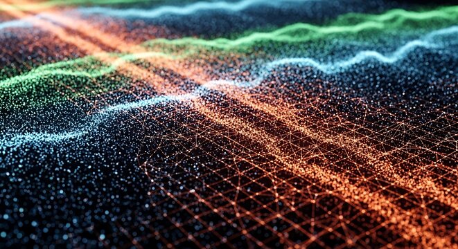 Abstract digital waves of glowing particles and connected mesh lines create a futuristic data visualization pattern on a dark background