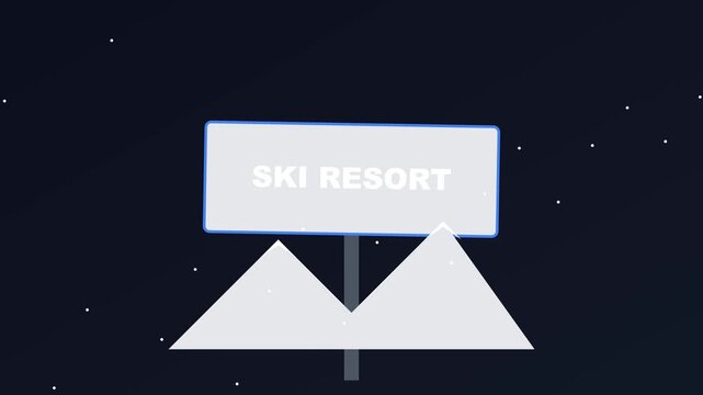 Ski resort signage with falling snow animation for winter travel and mountain tourism promotion 4k