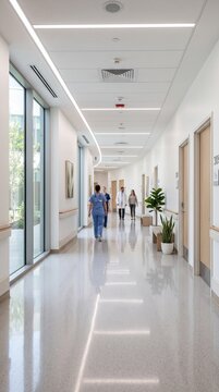 Eye-level full shot of medical staff and visitors walking along bright modern hospital corridor with large windows and potted plants, healthcare, hospital architecture, and clinical facility concept