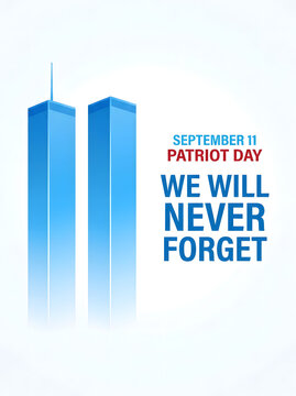 September 11 Patriot Day memorial candles with tribute message. Blue glowing twin towers remembrance design for national mourning and unity.