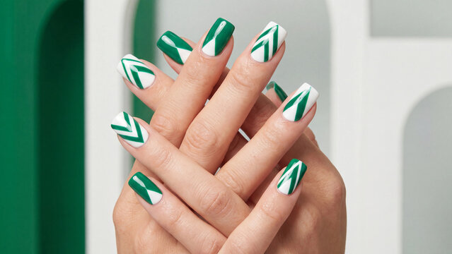 Hands held together reveal intricate green and white chevron nail designs that highlight current trends in professional salon cosmetic art and personal grooming.
