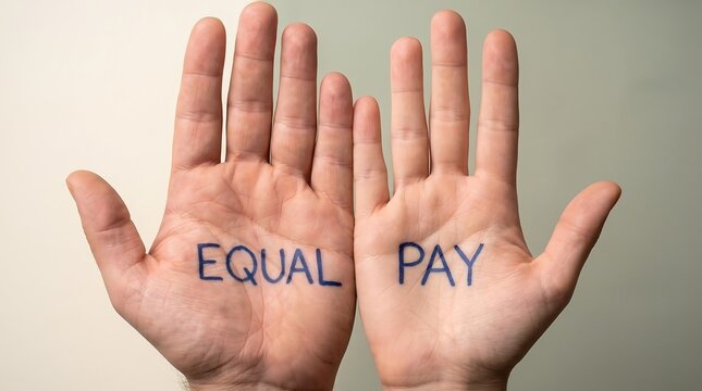 Two Open Hands with Equal Pay Written on Palms