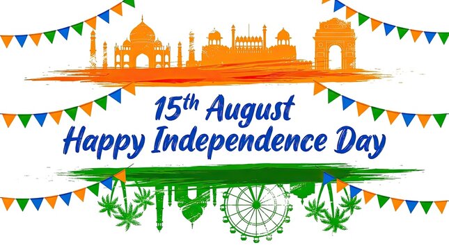 Independence day india vibrant illustration with taj mahal india gate festive flags