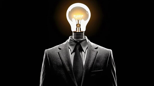 Confident businessperson with glowing light bulb head symbolizing innovation and bright ideas in corporate environment