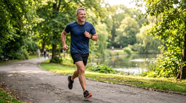 A man in his 40s with a radiant smile runs along a park path, enjoying a refreshing jog amidst the lush greenery and dappled sunlight filtering through the trees.