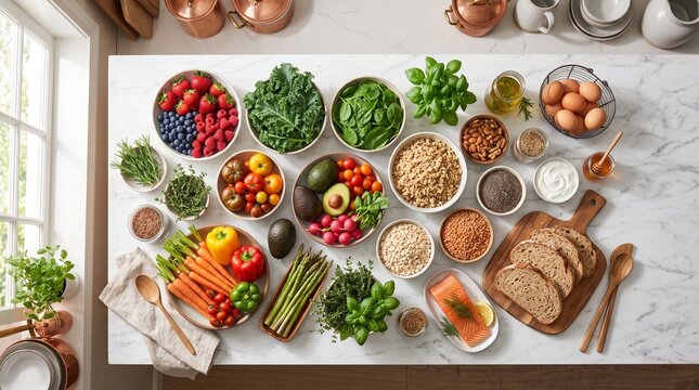 A vibrant spread of fresh, healthy food arranged artfully on a countertop, showcasing a colorful bounty of fruits, vegetables, grains, and protein sources.