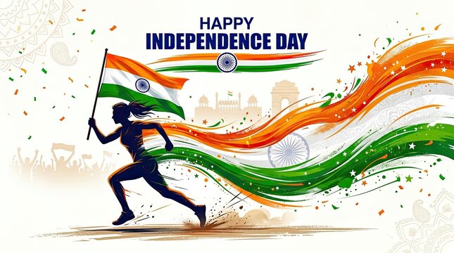Celebrating india's independence day patriotic woman with flag and national symbols