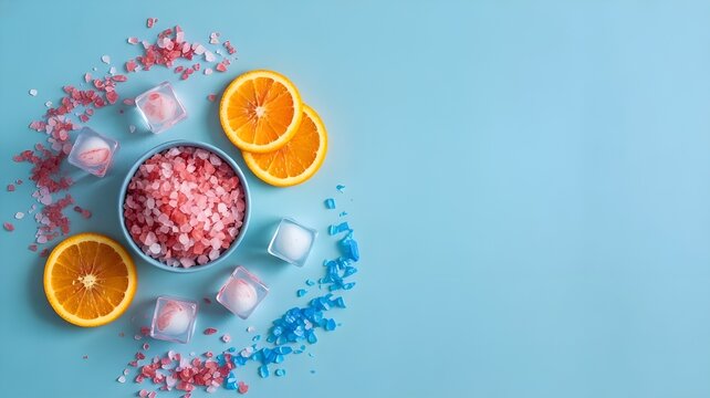 Top view of a bowl with pink bath salt, orange slices, and ice cubes on a light blue background spa and relaxation concept with copy space