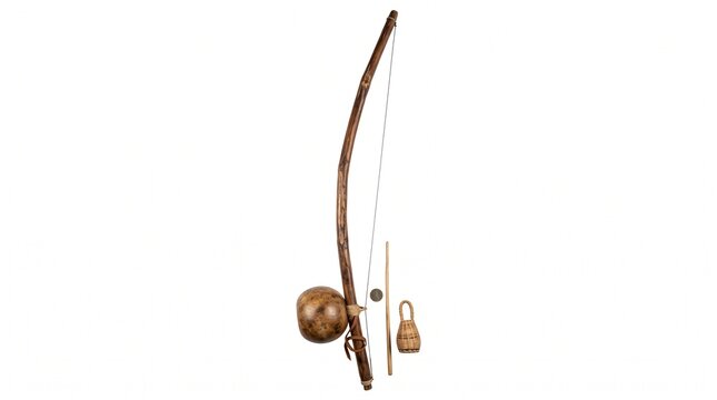 A berimbau, a traditional Brazilian musical instrument, stands ready to produce rhythmic melodies, its gourdBrua resonator and wooden bow promising an evocative sound.