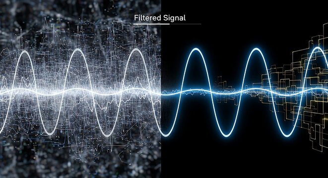 Digital wave processing showing a noisy chaotic signal transforming into a clean smooth blue sine wave for modern data analysis