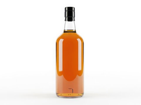 Glass bottle with golden whiskey or brandy alcohol