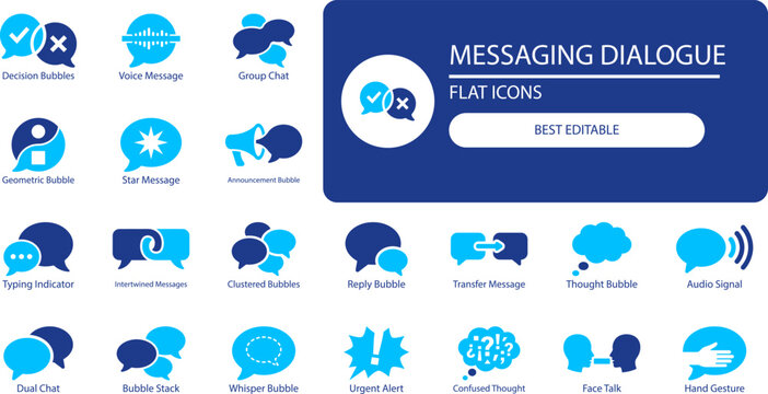 Messaging dialogue icons set. Silhouette vector illustration of speech bubbles, chat clouds, and talk symbols for communication and social media design.