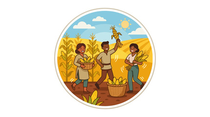 Fototapeta premium Happy Farmers Harvesting Corn in Field Illustration