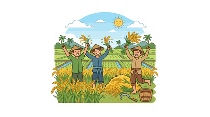 Fototapeta premium Happy Farmers Harvesting Rice Paddy Field Illustration
