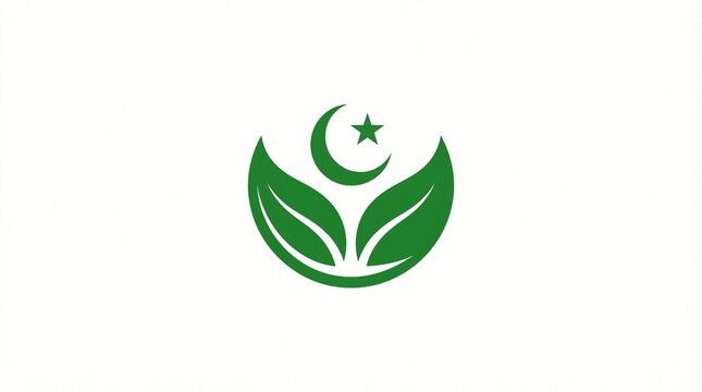 Minimalist green vector graphic icon displaying a crescent moon and star symbol emerging from two organic leaves set against a clean and simple white background
