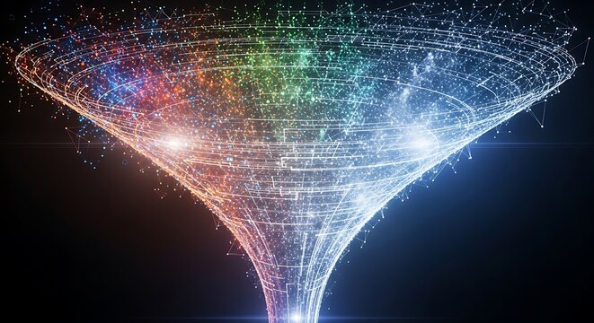 Glowing digital funnel composed of intricate light particles and connected network lines creating a complex abstract visualization of modern data