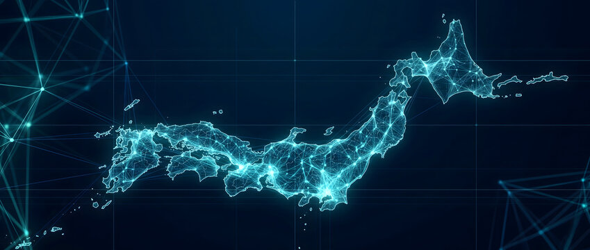国内のデータネットワークとデジタル通信網を視覚化した日本地図のグラフィック素材
