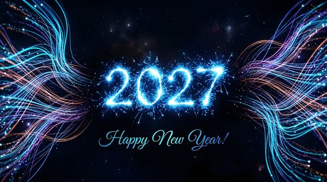 Modern Futuristic Happy New Year 2027 banner featuring glowing blue neon text and glowing abstract energy wave trails on a dark background.