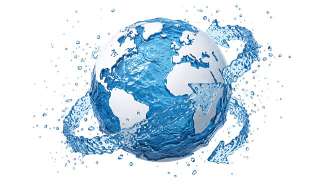 Abstract illustration depicting planet earth wrapped in flowing water currents representing global sustainability and eco friendly liquid design.