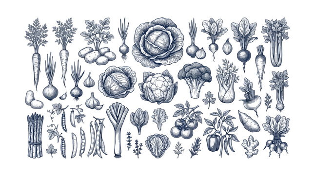 Vintage hand drawn vegetable collection, engraved organic farm food icons, rustic sketch of garden vegetables for restaurant menu design