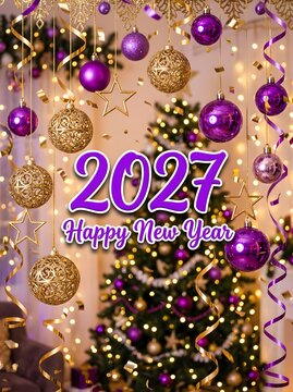 Vertical portrait card template for Happy New Year 2027 featuring purple text overlay on a beautifully decorated Christmas tree with purple and gold baubles.