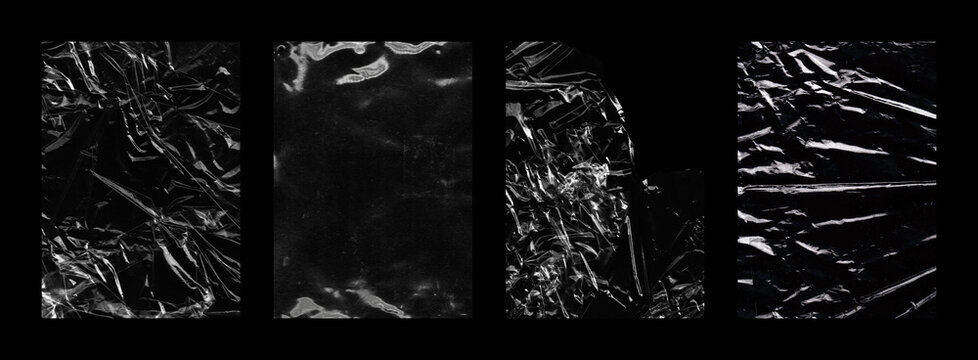Plastic package, empty frames. Photo crumpled blank polyethylene packaging with crumpled and glossy effect. Plastic wrap textures high resolution for design, album cover, cd, vinyl. Photo