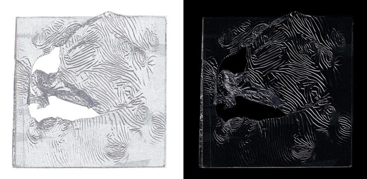 Torn plastic wrap texture for album cover mockup. Scanned crumpled polyethylene packaging frame with ripped edges, wrinkled cellophane overlay effect for CD cover and vinyl art. PNG Photo Scan