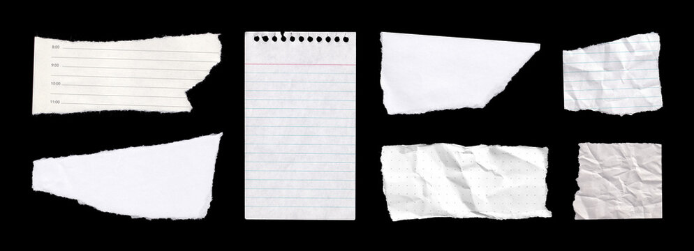 Torn paper pieces, crumpled sheets and notebook pages with lines. Ripped notebook paper scraps and blank notepad fragments isolated on black background. Empty paper scraps. Photo mockup