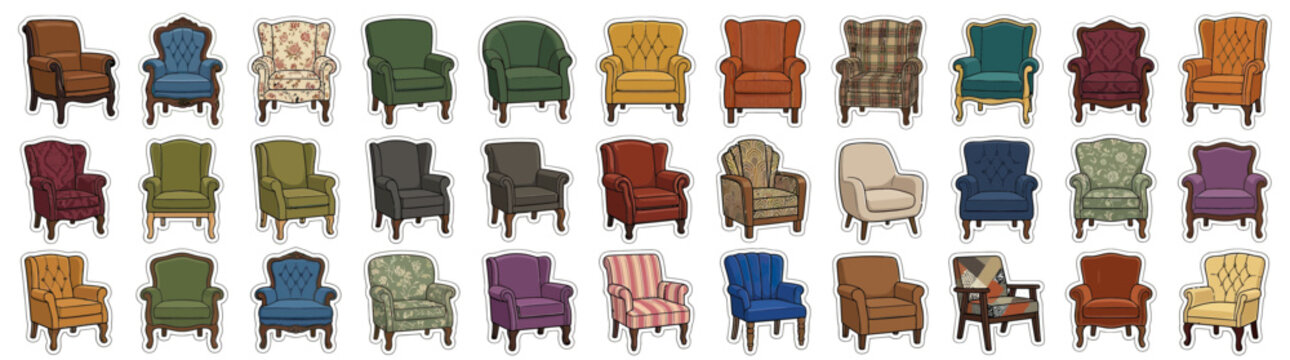 Collection of vintage armchairs in various colors and patterns