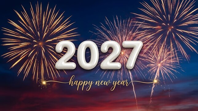 Happy New Year 2027 text banner featured against a dramatic night sky filled with golden fireworks explosions. Great for holiday celebrations and event promotion headers.
