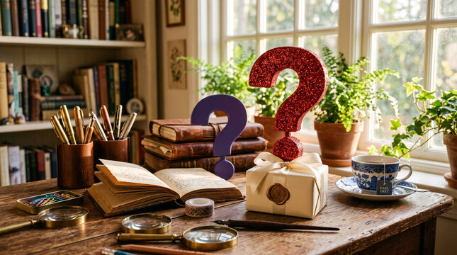 Stack of old books open to pages with handwritten text next to magnifying glasses and question mark decorations.