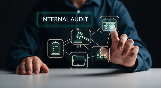 Internal audit concept with businessman, corporate compliance and financial risk assessment