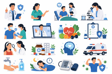 Fototapeta premium Medical professional collection features doctors and patients in vibrant flat illustrations depicting various healthcare services, diagnostics, healthy lifestyles, and emergency response protocols.