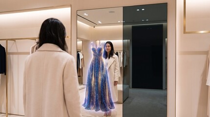 Fototapeta premium Woman standing in front of smart interactive mirror trying on virtual dress