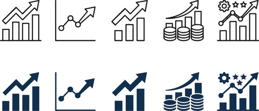 Growing graph set. Business chart with arrow. Growths chart collection. Profit growing sumbol. Progress bar. Bar diagram. Growth success arrow icon