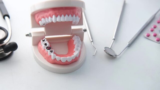 Dental model with tools and medicine on white background showing teeth structure and healthcare equipment