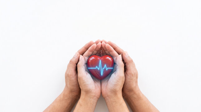 Two pairs of hands, one adult and one child, gently cradling a red heart with a glowing blue heartbeat line, symbolizing family health and medical care.