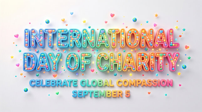 International day of charity typography design with colorful 3d hearts and globes floating on white background for september fifth celebration.
